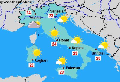 10 day forecast for italy - Weather Today Weather Hourly 14 Day Forecast Yesterday/Past Weather Climate (Averages) Currently: 61 °F. Clear. (Weather station: Naples / Capodichino, Italy). See more current weather Naples Extended Forecast with high and low temperatures °F Oct 23 - Oct 29 0.06 Lo:62 Tue, 24 Hi:77 8 0.3 Lo:65 Wed, 25 Hi:71 9 0.07 Lo:63 Thu, 26 Hi:72 11 0.48
